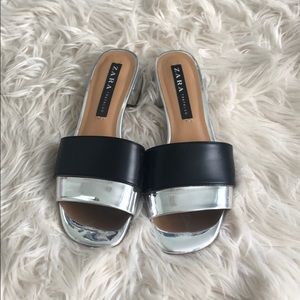 Zara Heeled Sandal in Silver and Black